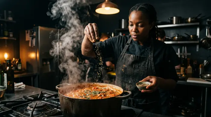 Aunt Key Kitchen seasoning a simmering pot on the stove
