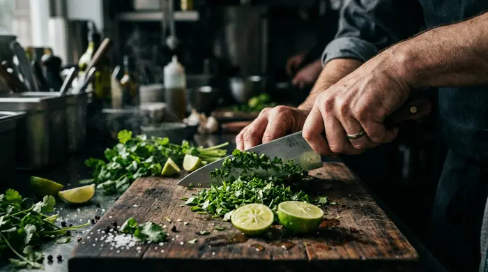 Fresh cilantro and limes being chopped on a wooden board