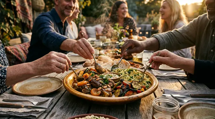 Hands reaching in to share a communal plate of food