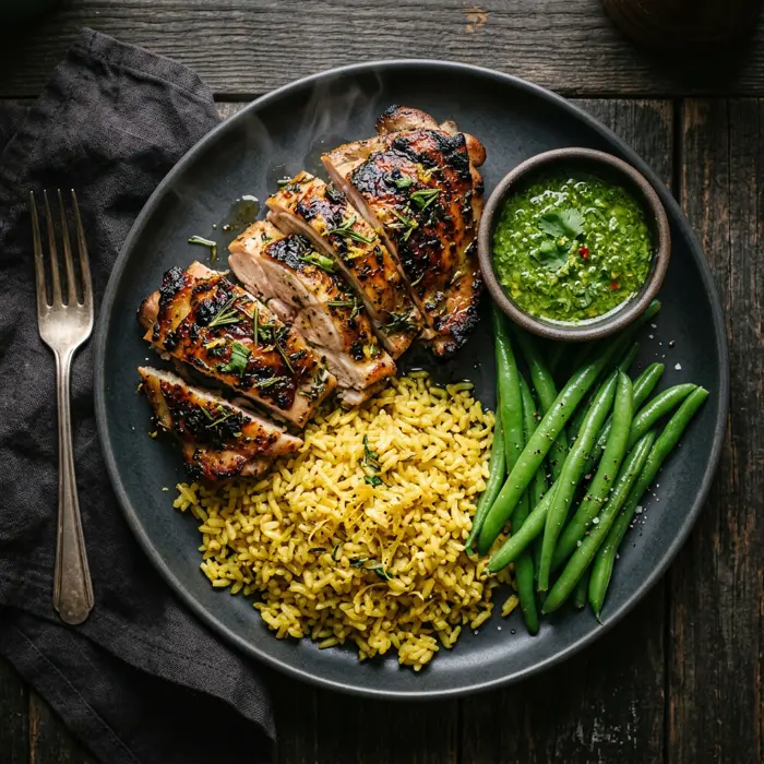 Cilantro lime chicken plate with rice and green beans
