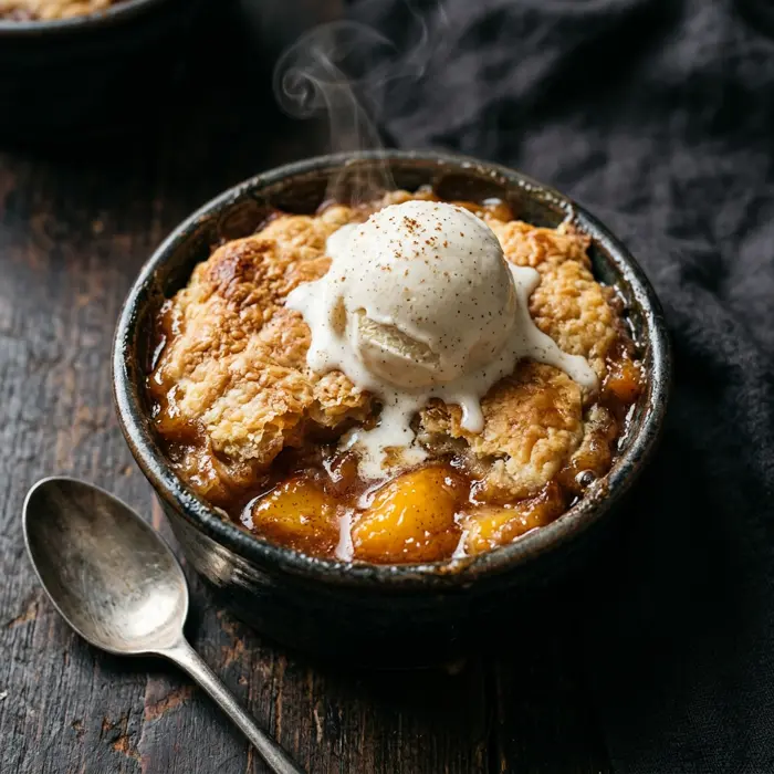 Warm peach cobbler with vanilla ice cream