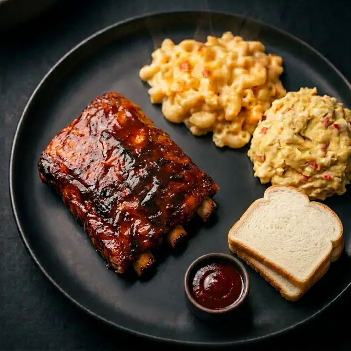 Barbecue ribs plate with mac and cheese, potato salad, and white bread