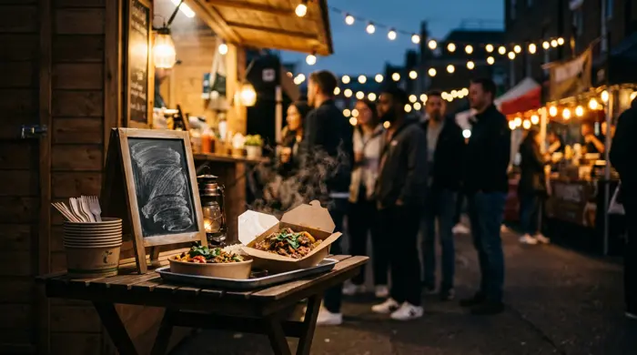 Outdoor pop-up table set up at dusk with string lights