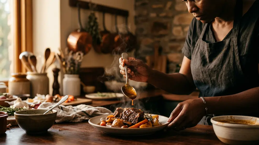 Plating a home-cooked meal in the kitchen